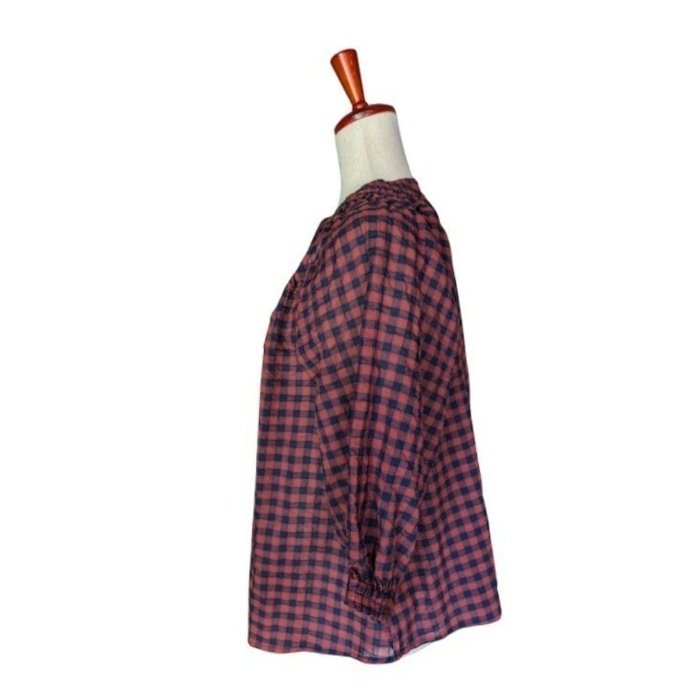 Never A Wallflower Womens Gingham Ruffle U-Neck Blouse Red Navy Blue Size M NWT - Picture 4 of 7